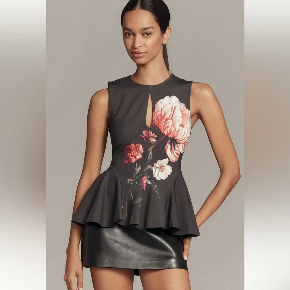 Anthropologie coquette Artwork Maeve Black Floral Peplum Keyhole Top NWT Small - Picture 1 of 9
